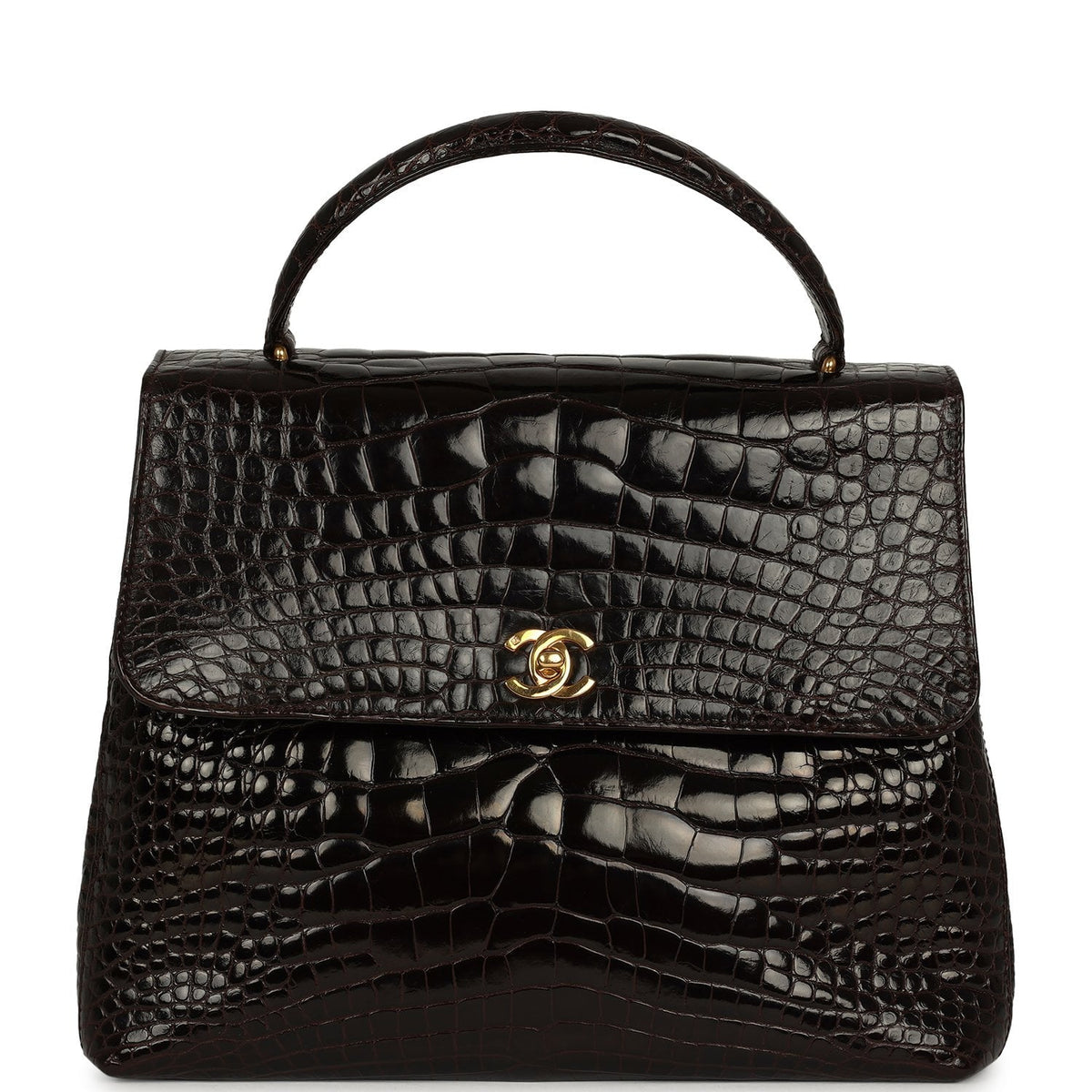 Vintage Chanel Large Kelly Dark Brown Shiny Alligator Gold Hardware