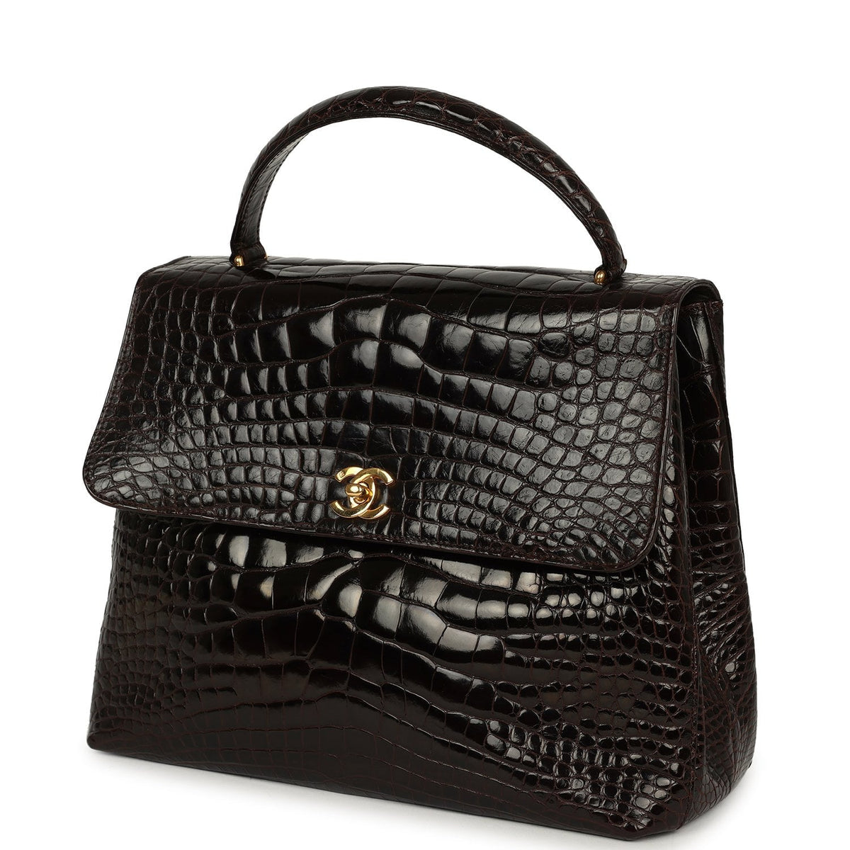 Vintage Chanel Large Kelly Dark Brown Shiny Alligator Gold Hardware