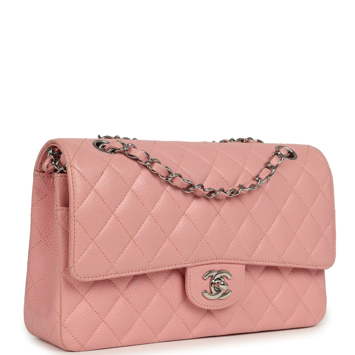 Vintage Chanel Medium Classic Double Flap Bag Pink Caviar Silver Hardware
