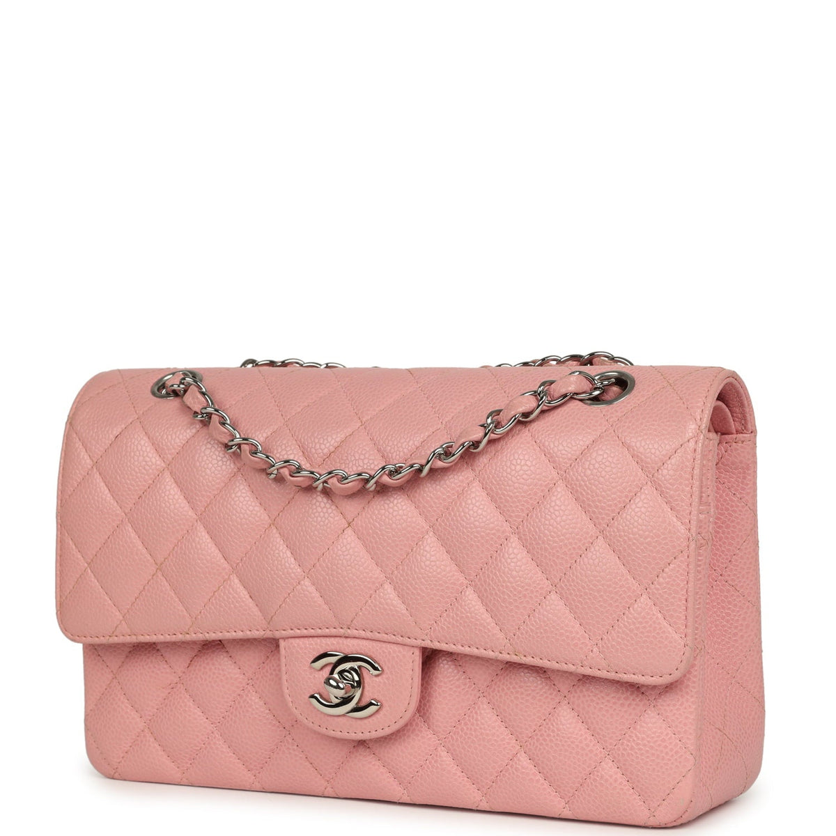Vintage Chanel Medium Classic Double Flap Bag Pink Caviar Silver Hardware