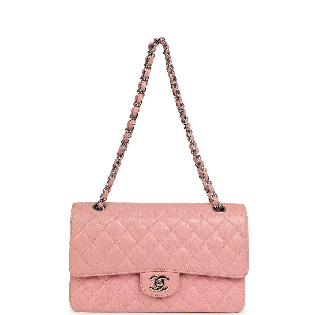 Vintage Chanel Medium Classic Double Flap Bag Pink Caviar Silver Hardware