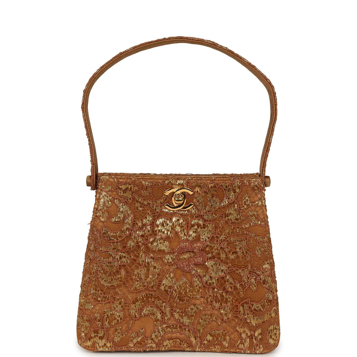 Vintage Chanel Mini Double Side Turnlock Bag Dark Gold Jacquard Lace, Satin Gold Hardware
