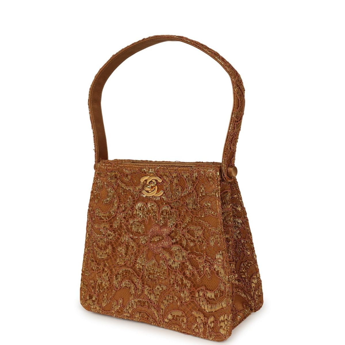 Vintage Chanel Mini Double Side Turnlock Bag Dark Gold Jacquard Lace, Satin Gold Hardware