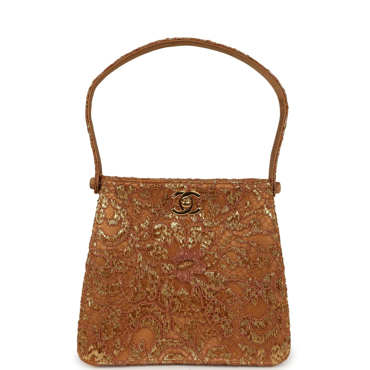 Vintage Chanel Mini Double Side Turnlock Bag Dark Gold Jacquard Lace, Satin Gold Hardware