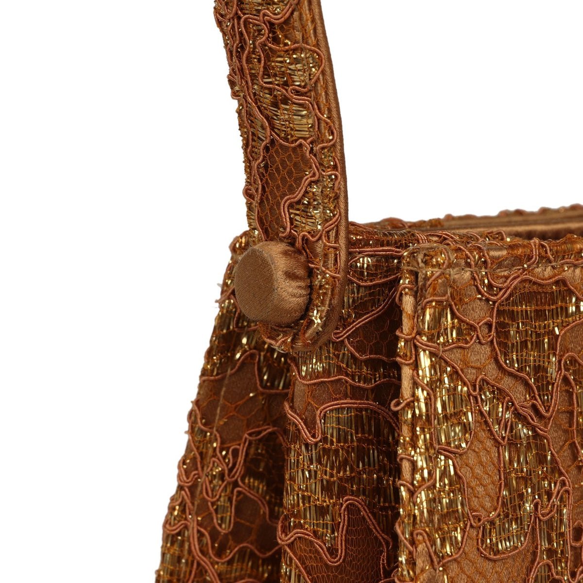 Vintage Chanel Mini Double Side Turnlock Bag Dark Gold Jacquard Lace, Satin Gold Hardware