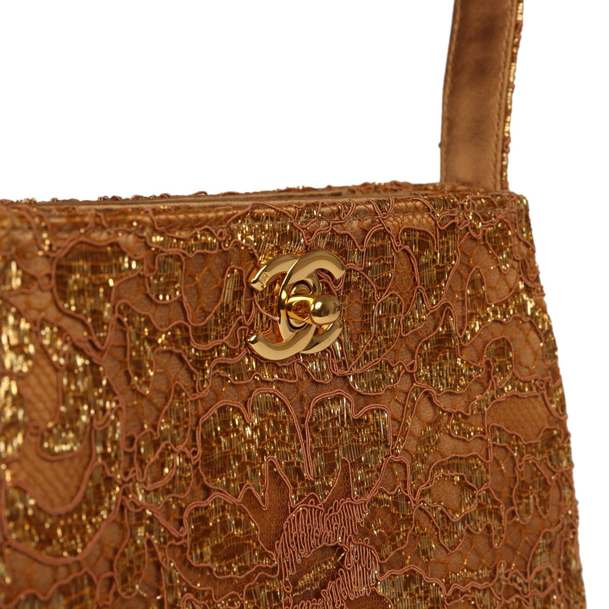 Vintage Chanel Mini Double Side Turnlock Bag Dark Gold Jacquard Lace, Satin Gold Hardware