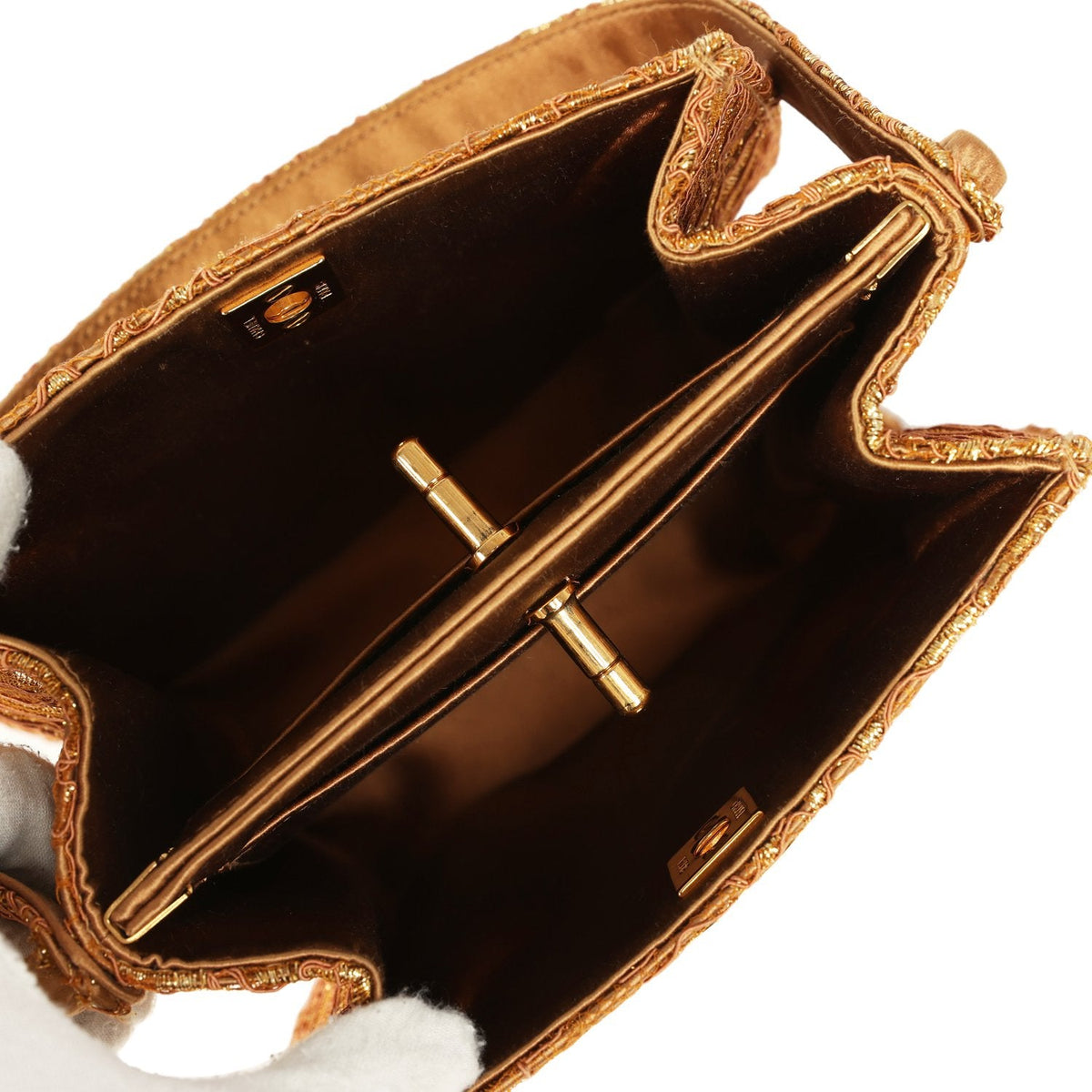 Vintage Chanel Mini Double Side Turnlock Bag Dark Gold Jacquard Lace, Satin Gold Hardware