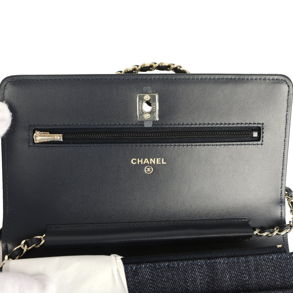 Chanel Wallet On Chain WOC Dark Blue Denim Light Gold Hardware