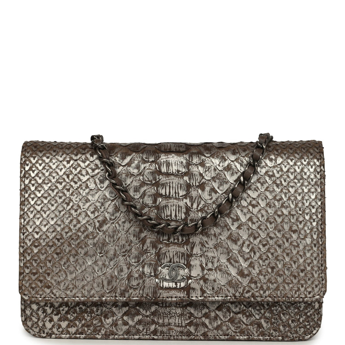 Chanel Wallet On Chain WOC Silver and Brown Aged Python Antique Silver Hardware