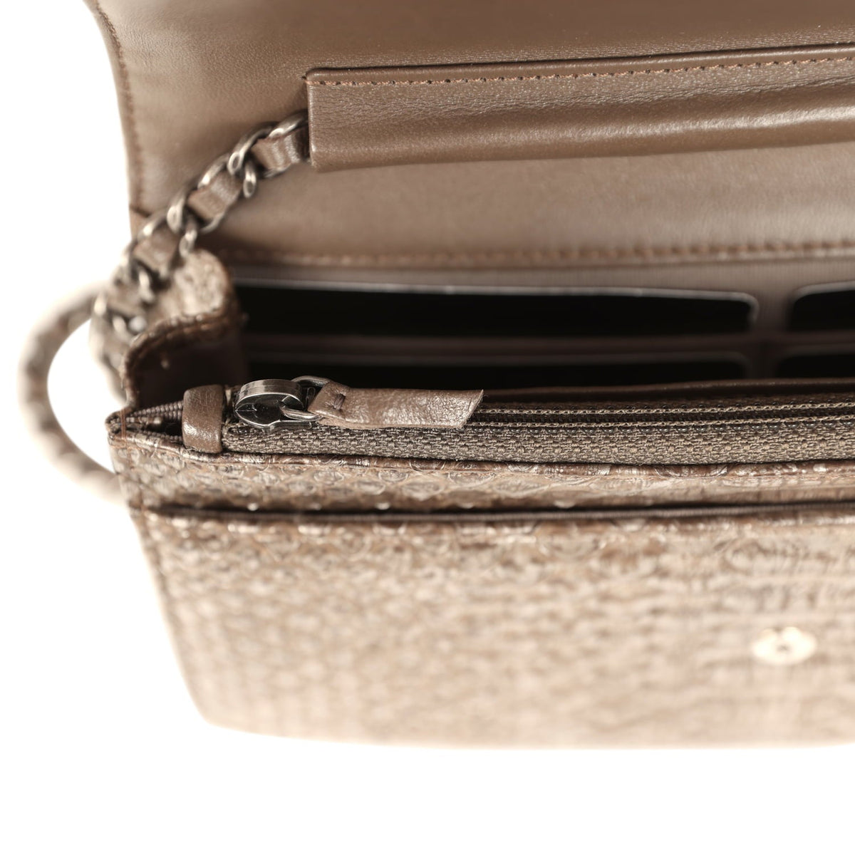 Chanel Wallet On Chain WOC Silver and Brown Aged Python Antique Silver Hardware