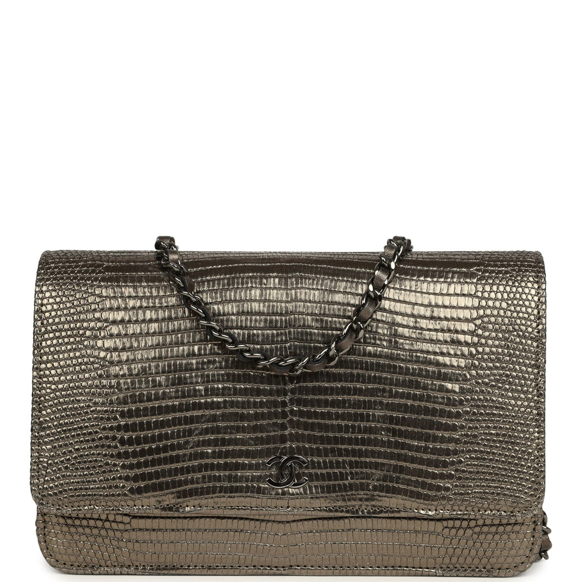 Pre-owned Chanel Wallet On Chain WOC Anthracite Lizard Ruthenium Hardware