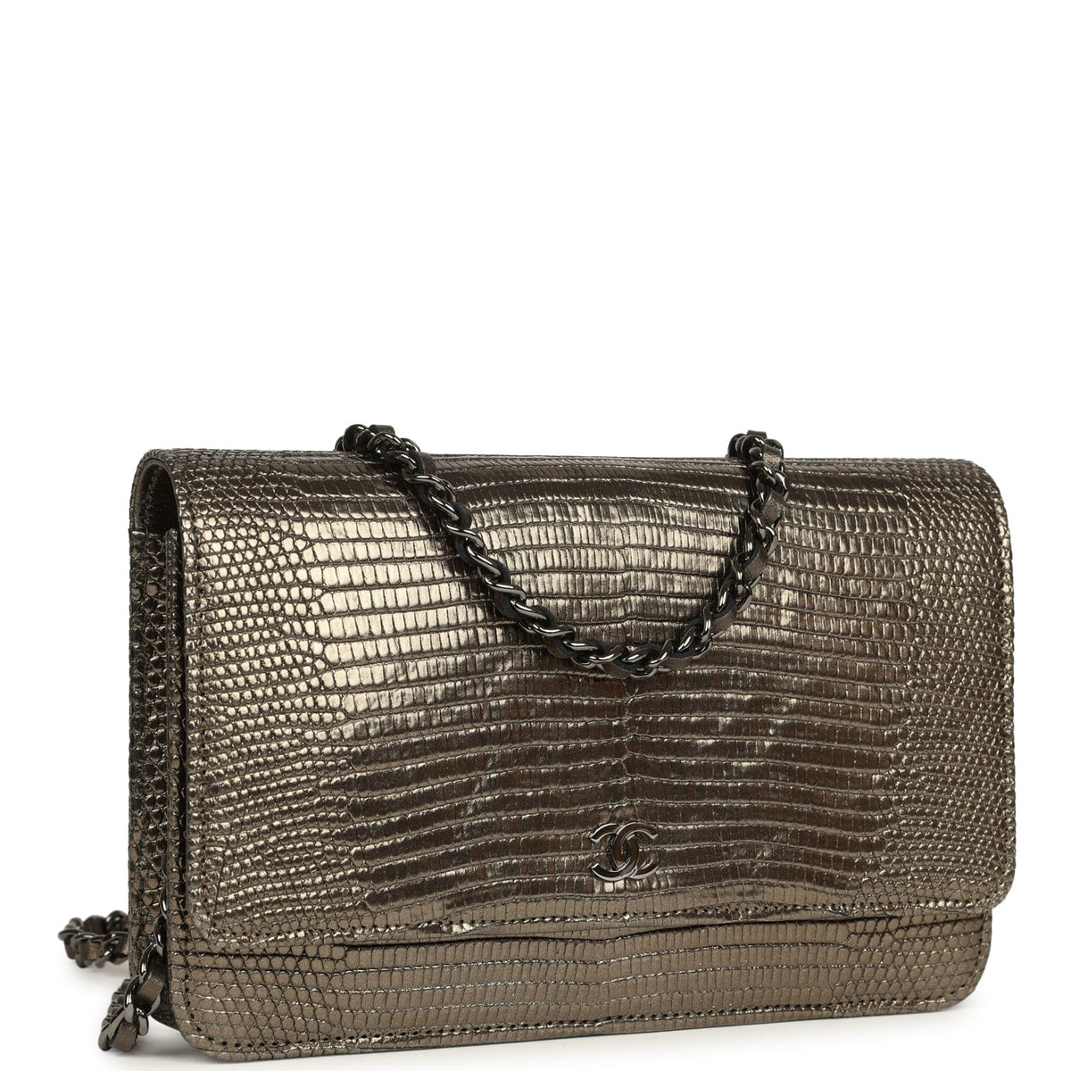 Pre-owned Chanel Wallet On Chain WOC Anthracite Lizard Ruthenium Hardware