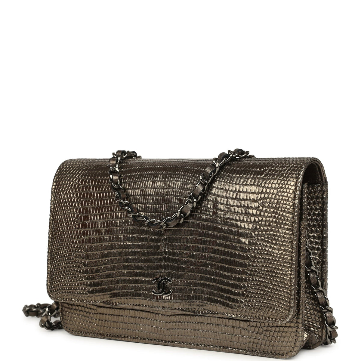 Pre-owned Chanel Wallet On Chain WOC Anthracite Lizard Ruthenium Hardware