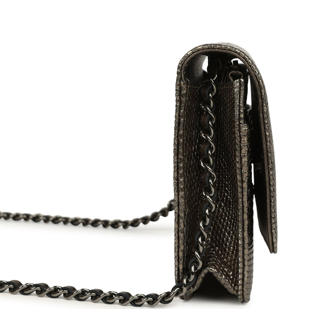 Pre-owned Chanel Wallet On Chain WOC Anthracite Lizard Ruthenium Hardware