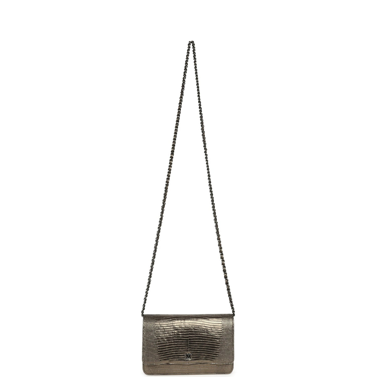 Pre-owned Chanel Wallet On Chain WOC Anthracite Lizard Ruthenium Hardware