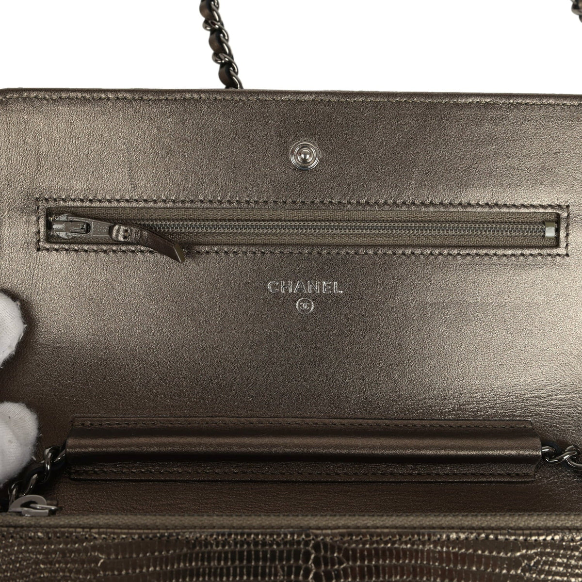 Pre-owned Chanel Wallet On Chain WOC Anthracite Lizard Ruthenium Hardware