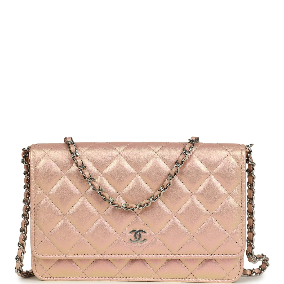 Pre-owned Chanel Classic Wallet On Chain Pink Iridescent Calfskin Silver Hardware