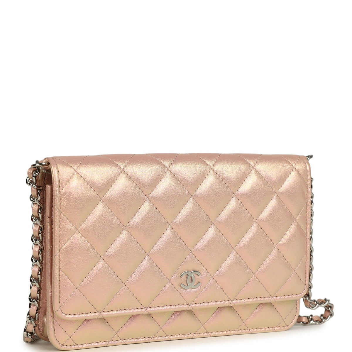 Pre-owned Chanel Classic Wallet On Chain Pink Iridescent Calfskin Silver Hardware
