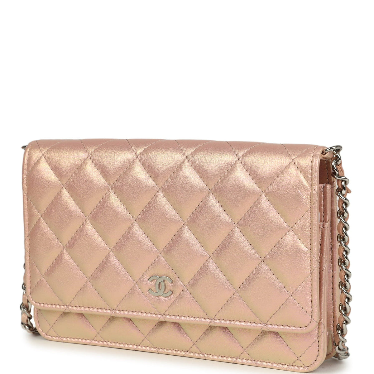 Pre-owned Chanel Classic Wallet On Chain Pink Iridescent Calfskin Silver Hardware