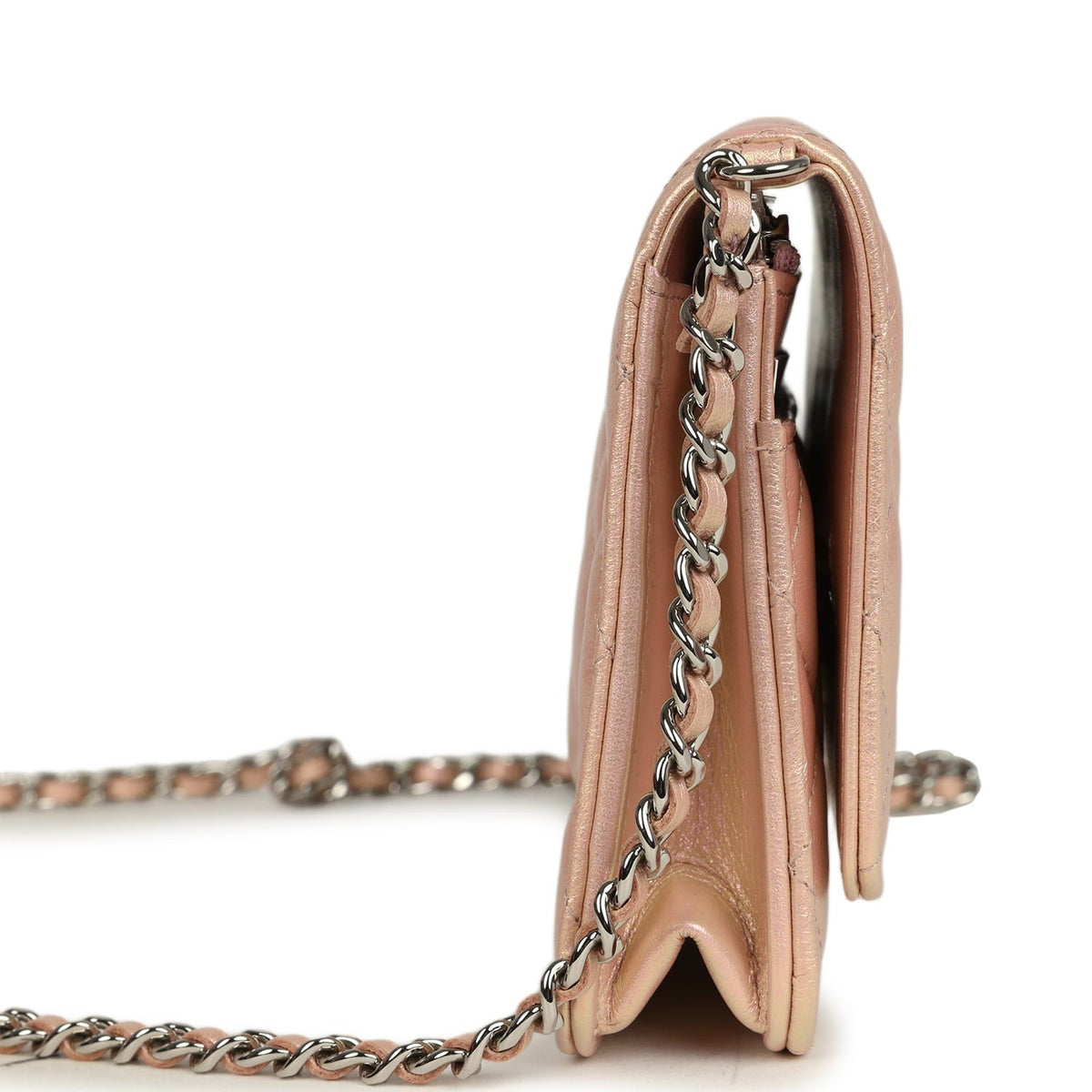 Pre-owned Chanel Classic Wallet On Chain Pink Iridescent Calfskin Silver Hardware