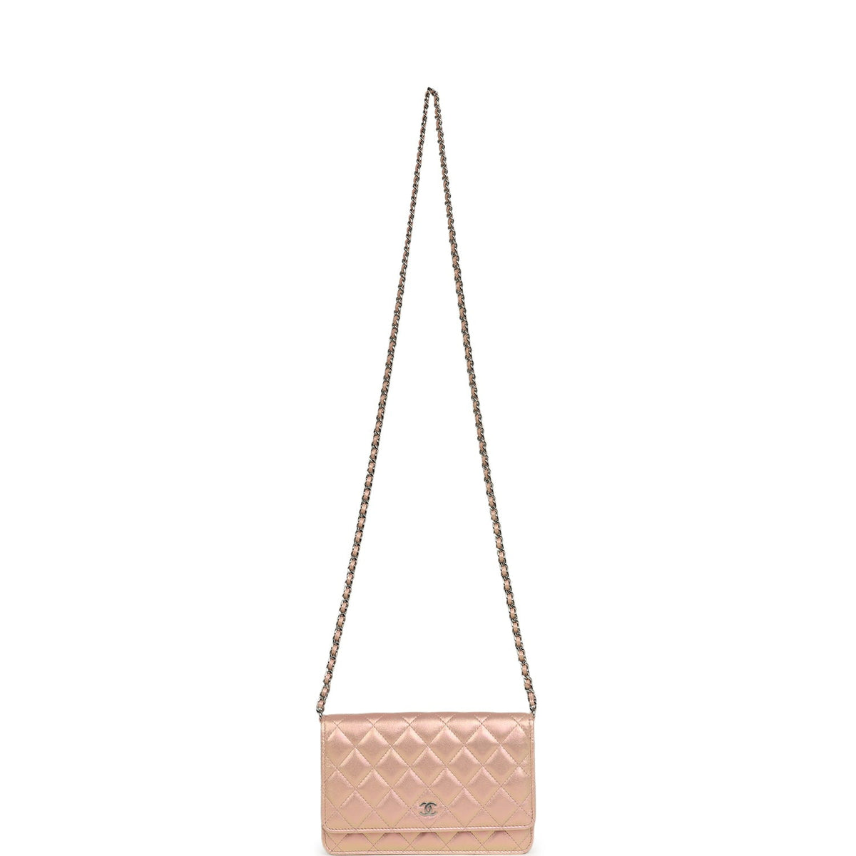 Pre-owned Chanel Classic Wallet On Chain Pink Iridescent Calfskin Silver Hardware