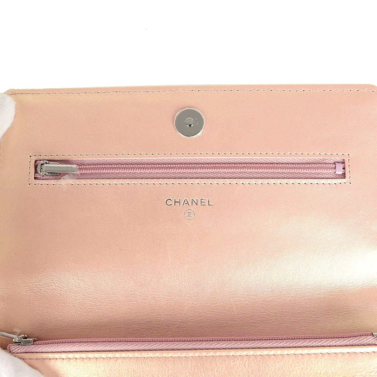 Pre-owned Chanel Classic Wallet On Chain Pink Iridescent Calfskin Silver Hardware
