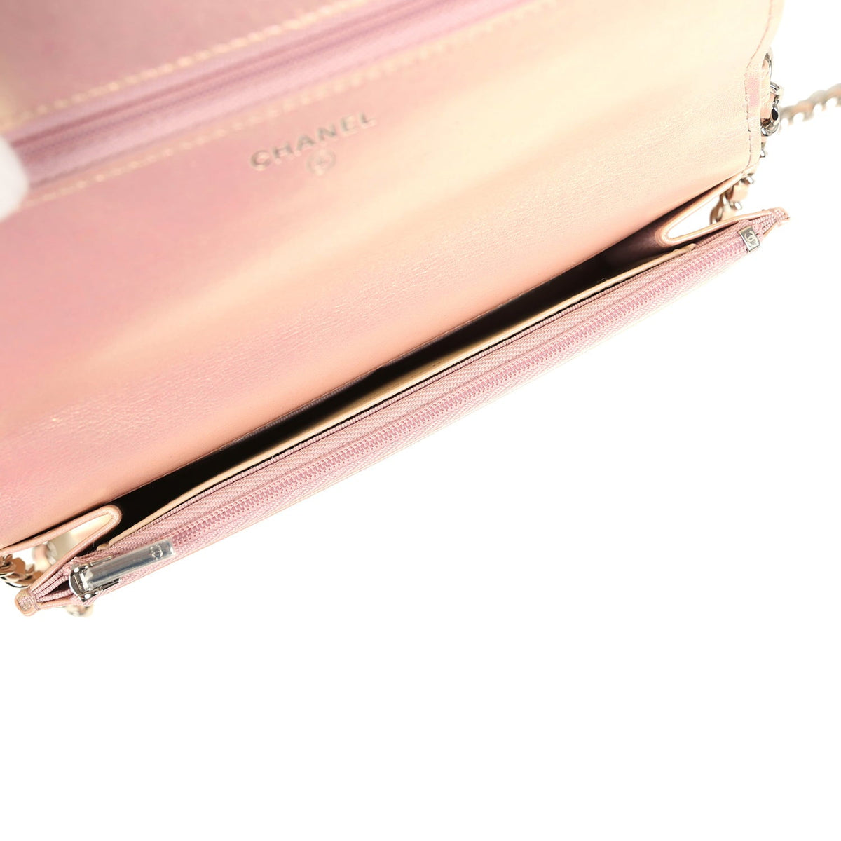 Pre-owned Chanel Classic Wallet On Chain Pink Iridescent Calfskin Silver Hardware