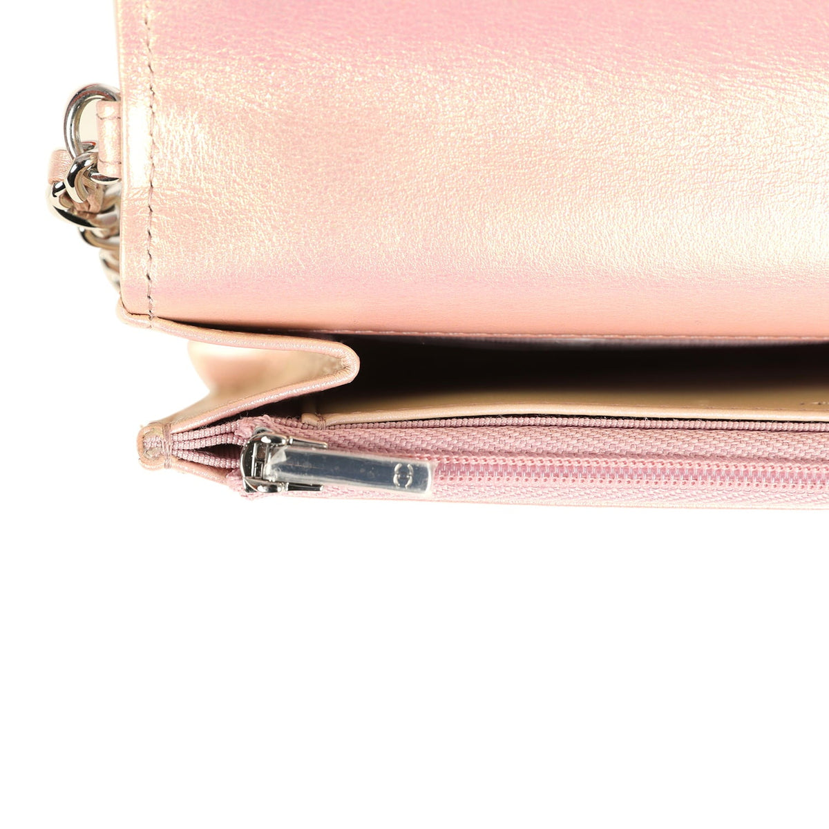 Pre-owned Chanel Classic Wallet On Chain Pink Iridescent Calfskin Silver Hardware