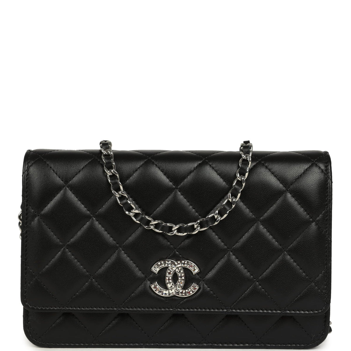 Chanel Wallet On Chain WOC Black Lamsbkin Silver Hardware