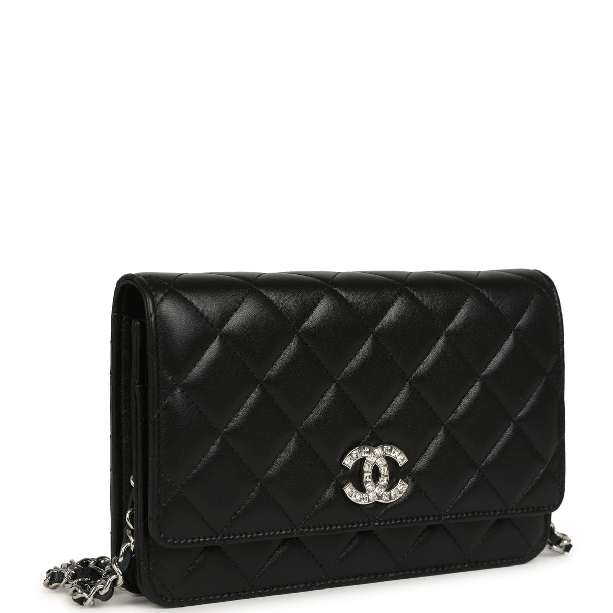 Chanel Wallet On Chain WOC Black Lamsbkin Silver Hardware