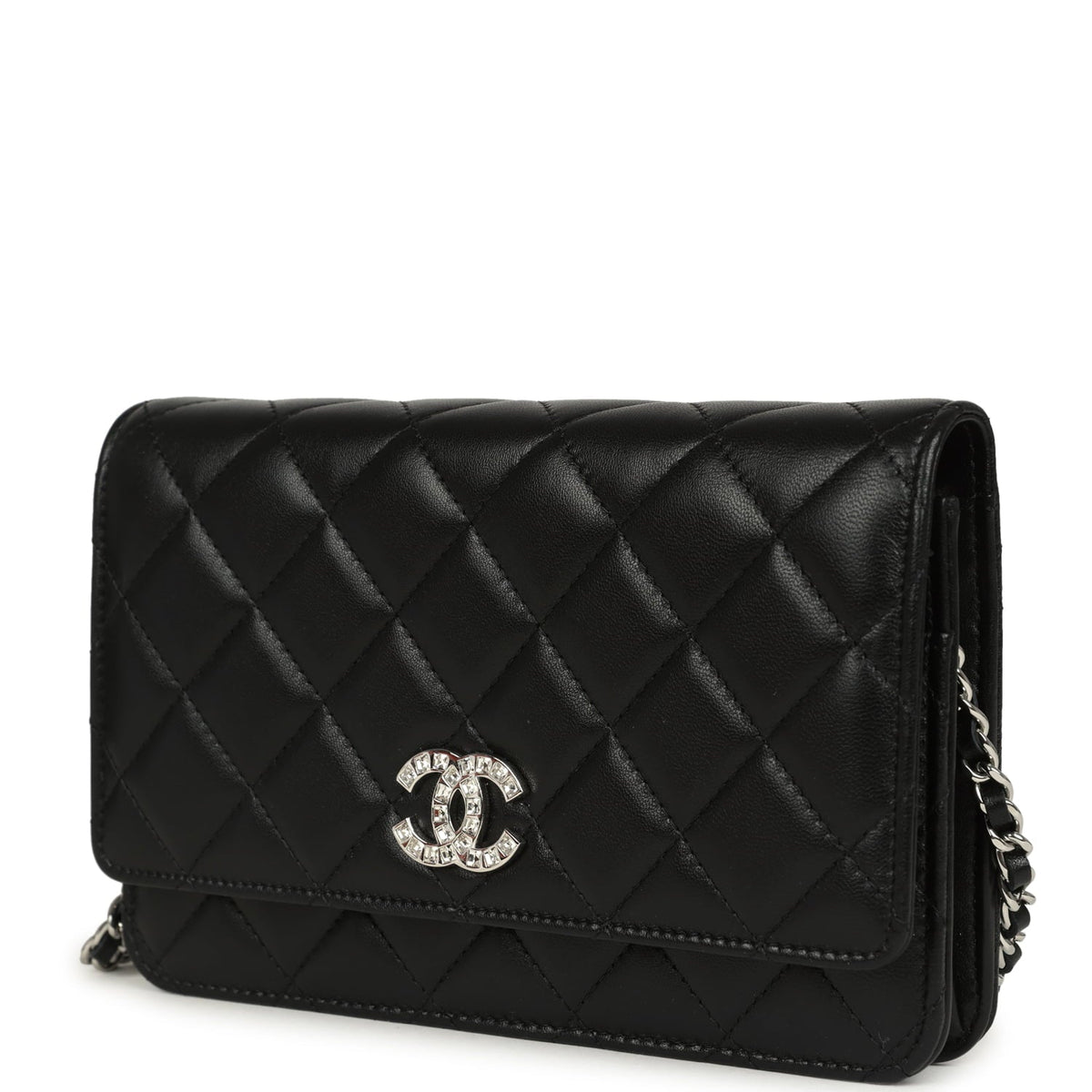Chanel Wallet On Chain WOC Black Lamsbkin Silver Hardware