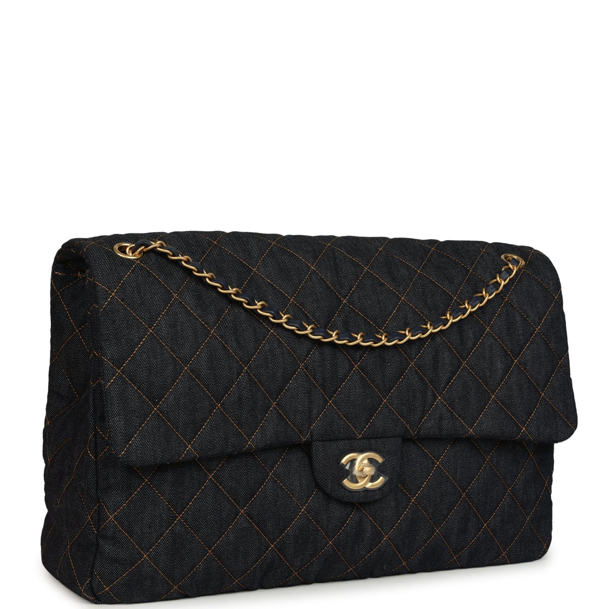 Chanel XXL Classic Single Travel Flap Bag Dark Blue Denim Brushed Gold Hardware