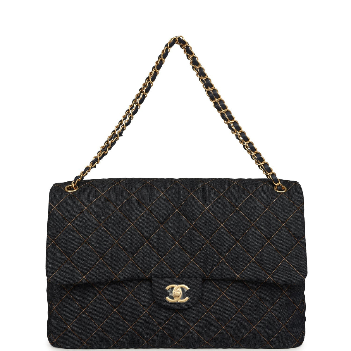 Chanel XXL Classic Single Travel Flap Bag Dark Blue Denim Brushed Gold Hardware