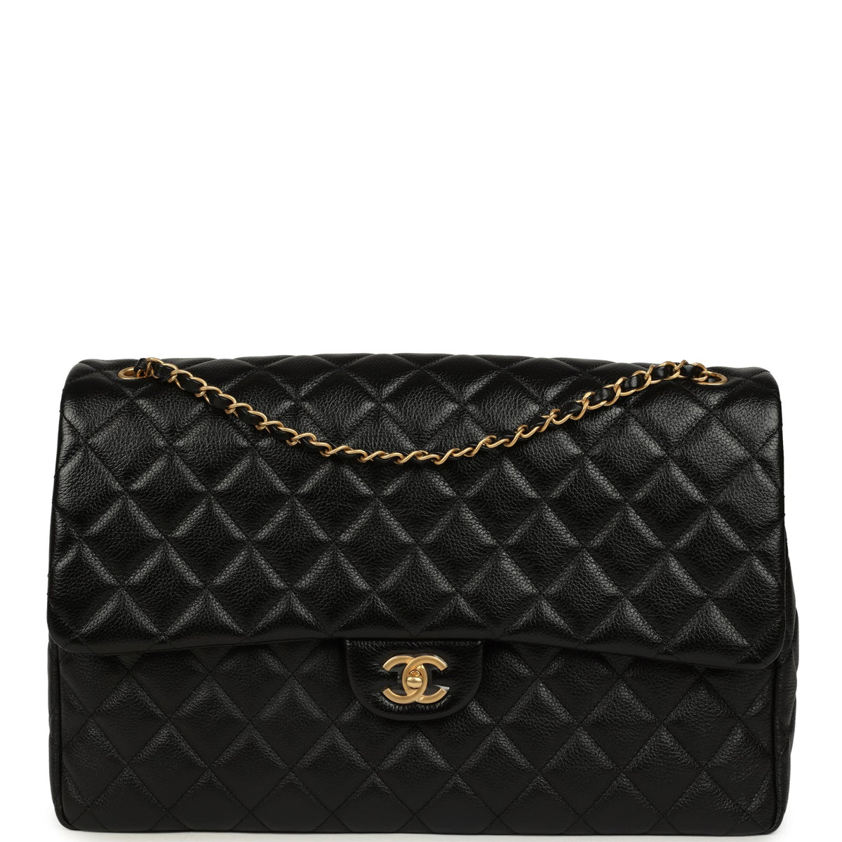 Chanel XXL Classic Single Travel Flap Bag Black Shiny Aged Calfskin Brushed Gold Hardware