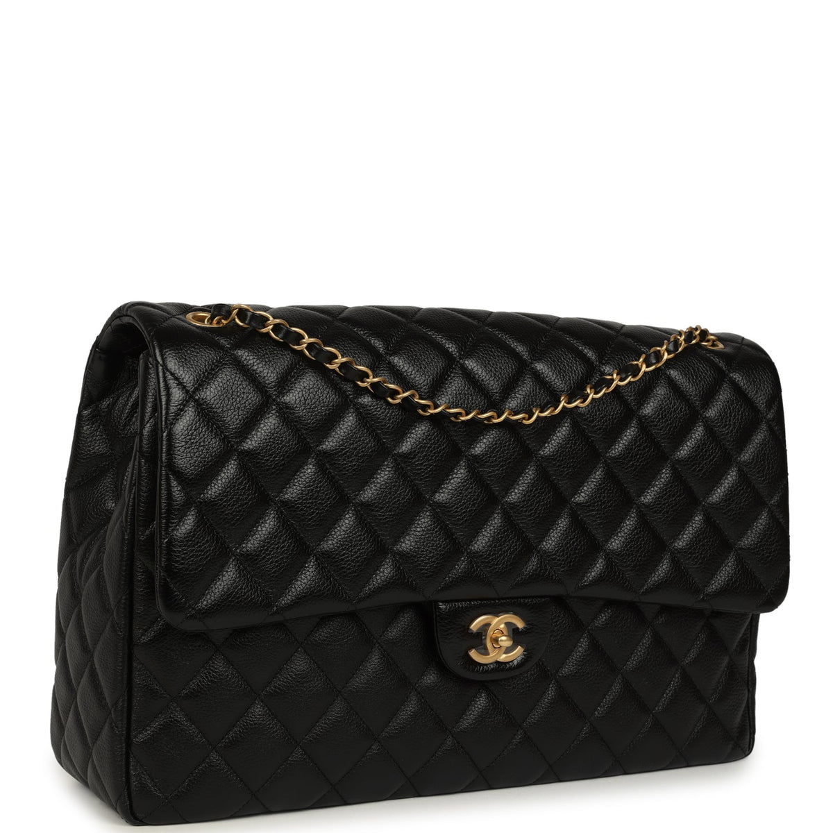 Chanel XXL Classic Single Travel Flap Bag Black Shiny Aged Calfskin Brushed Gold Hardware
