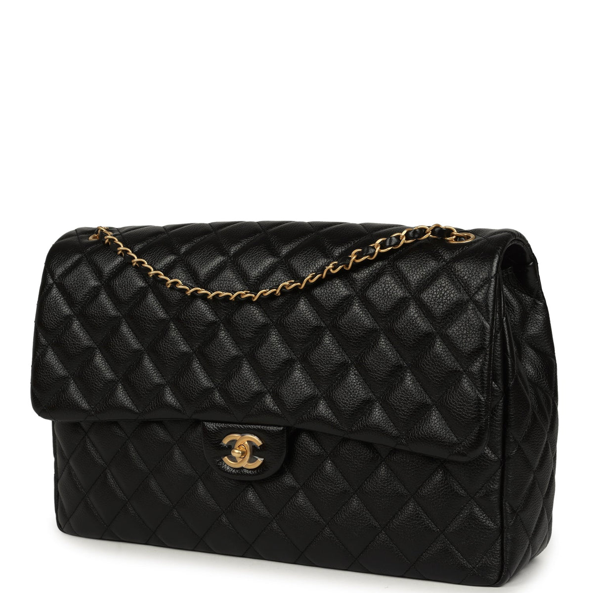 Chanel XXL Classic Single Travel Flap Bag Black Shiny Aged Calfskin Brushed Gold Hardware