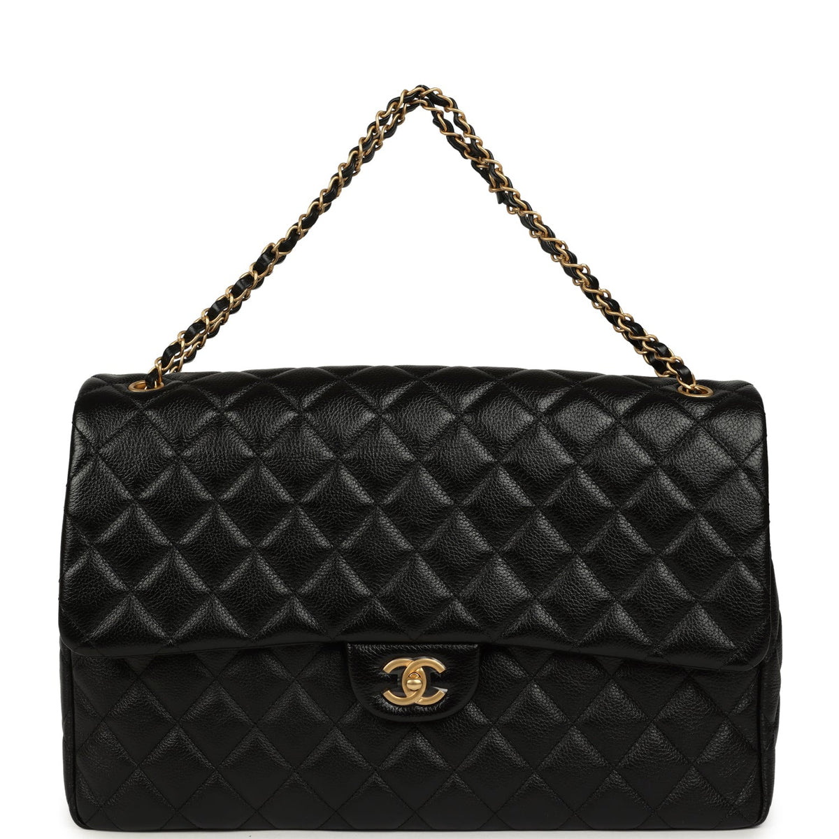 Chanel XXL Classic Single Travel Flap Bag Black Shiny Aged Calfskin Brushed Gold Hardware