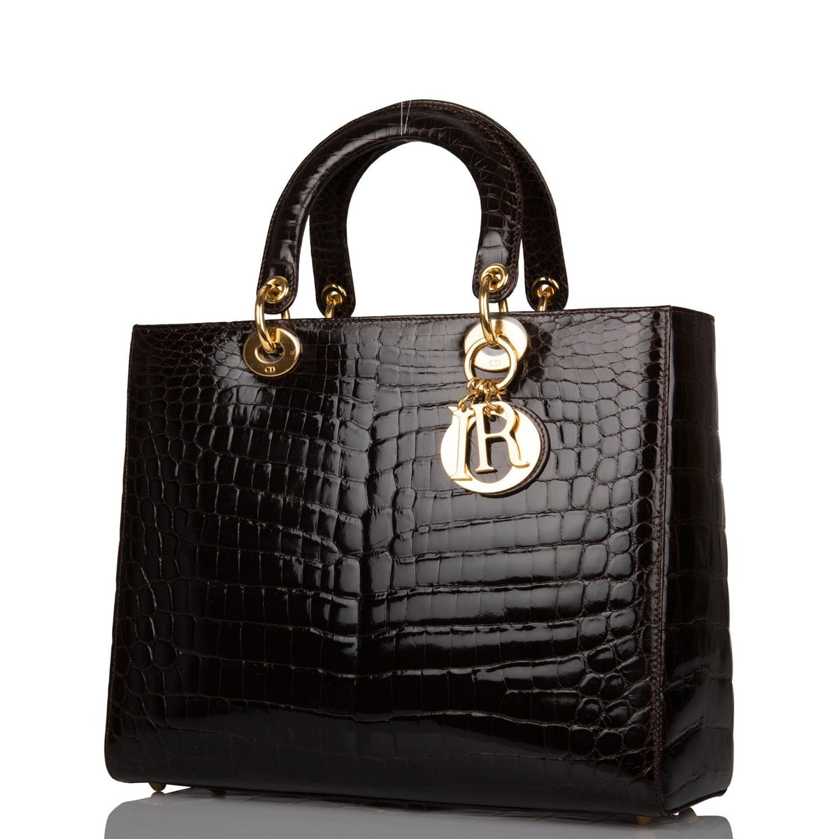 Pre-owned Christian Dior Dark Brown Large Lady Dior Alligator Tote Gold Hardware