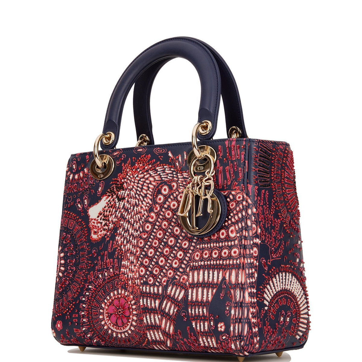Christian Dior Medium Lady Dior Tote Navy Beaded Leather Gold Hardware