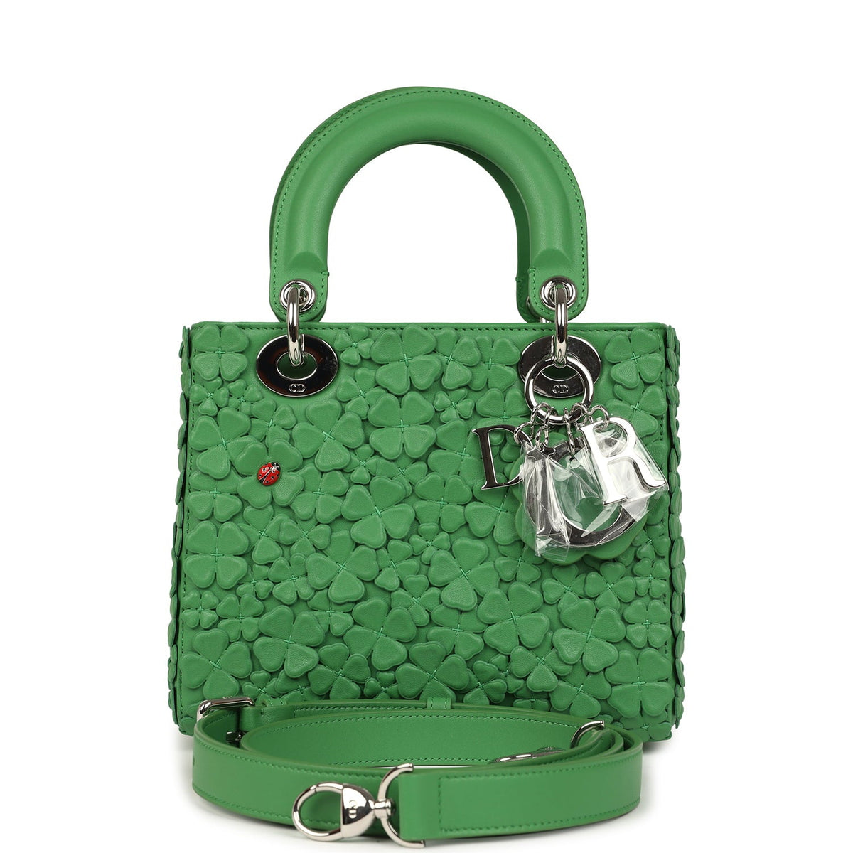 Christian Dior Small Lady Dior Bag "Clover" Shamrock Lucky Green Lambskin Silver Hardware