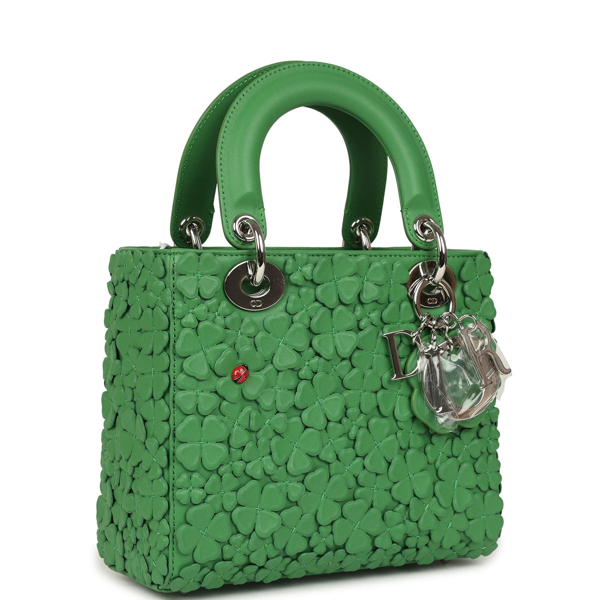 Christian Dior Small Lady Dior Bag "Clover" Shamrock Lucky Green Lambskin Silver Hardware