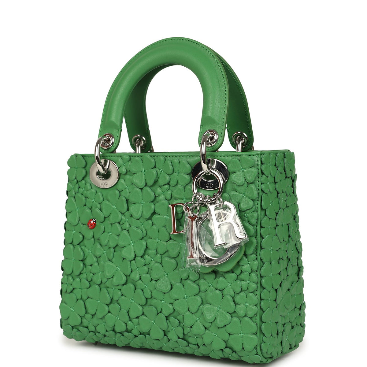 Christian Dior Small Lady Dior Bag "Clover" Shamrock Lucky Green Lambskin Silver Hardware
