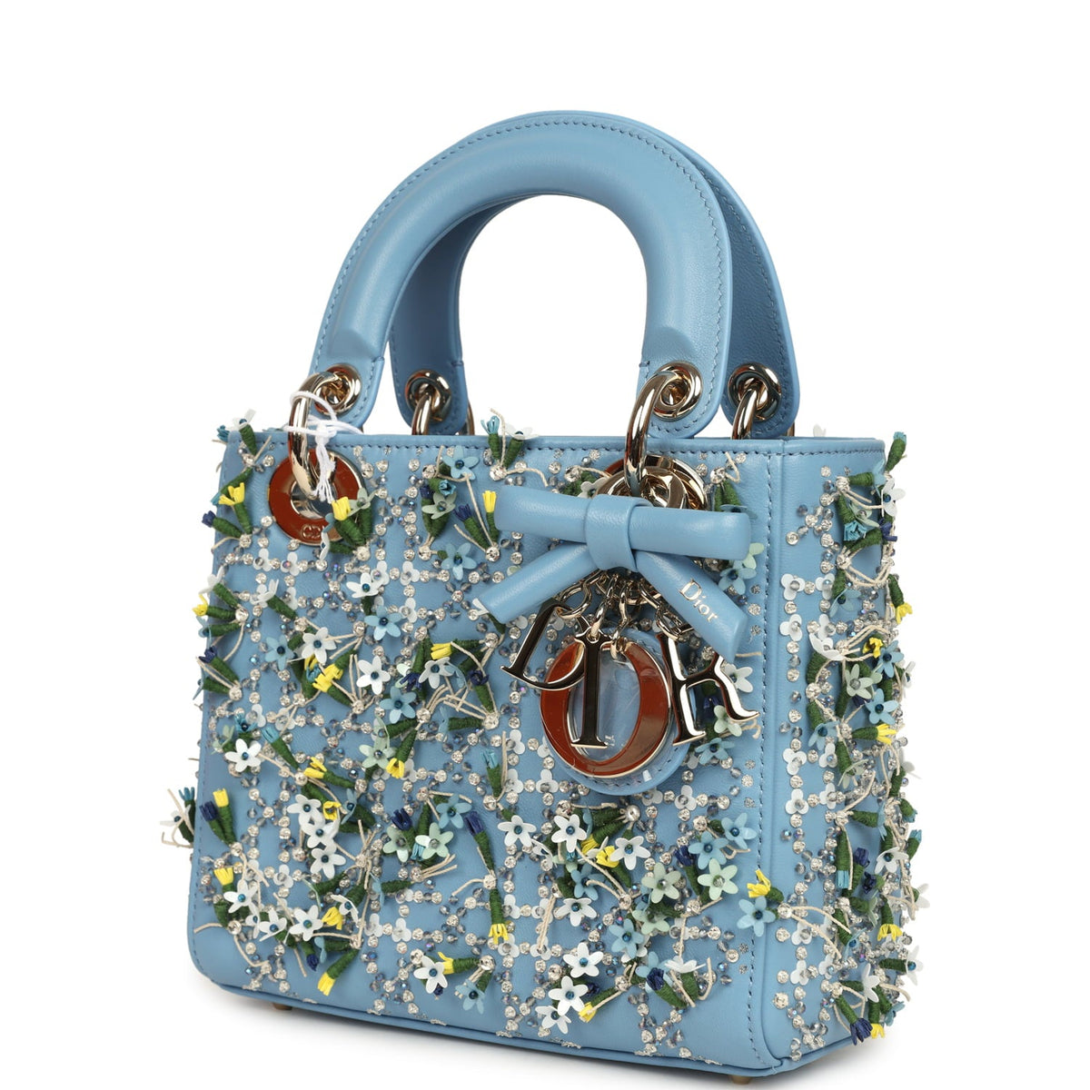 Christian Dior Mini Lady Dior Bag "3D Garden" Blue Multi Embellished Lambskin Light Gold Hardware
