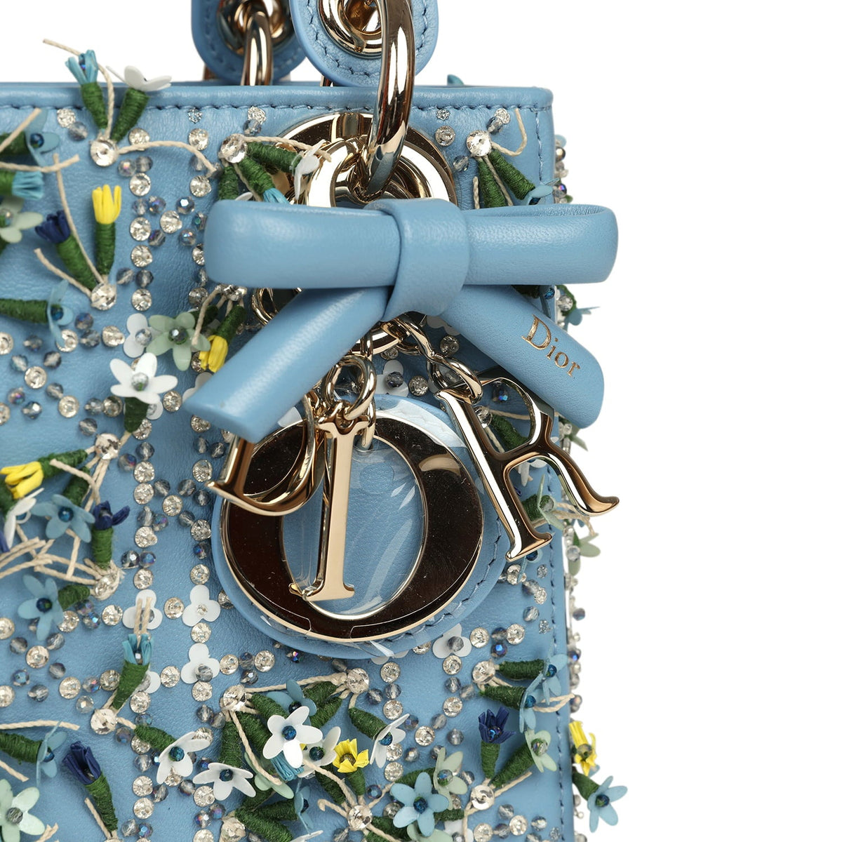 Christian Dior Mini Lady Dior Bag "3D Garden" Blue Multi Embellished Lambskin Light Gold Hardware