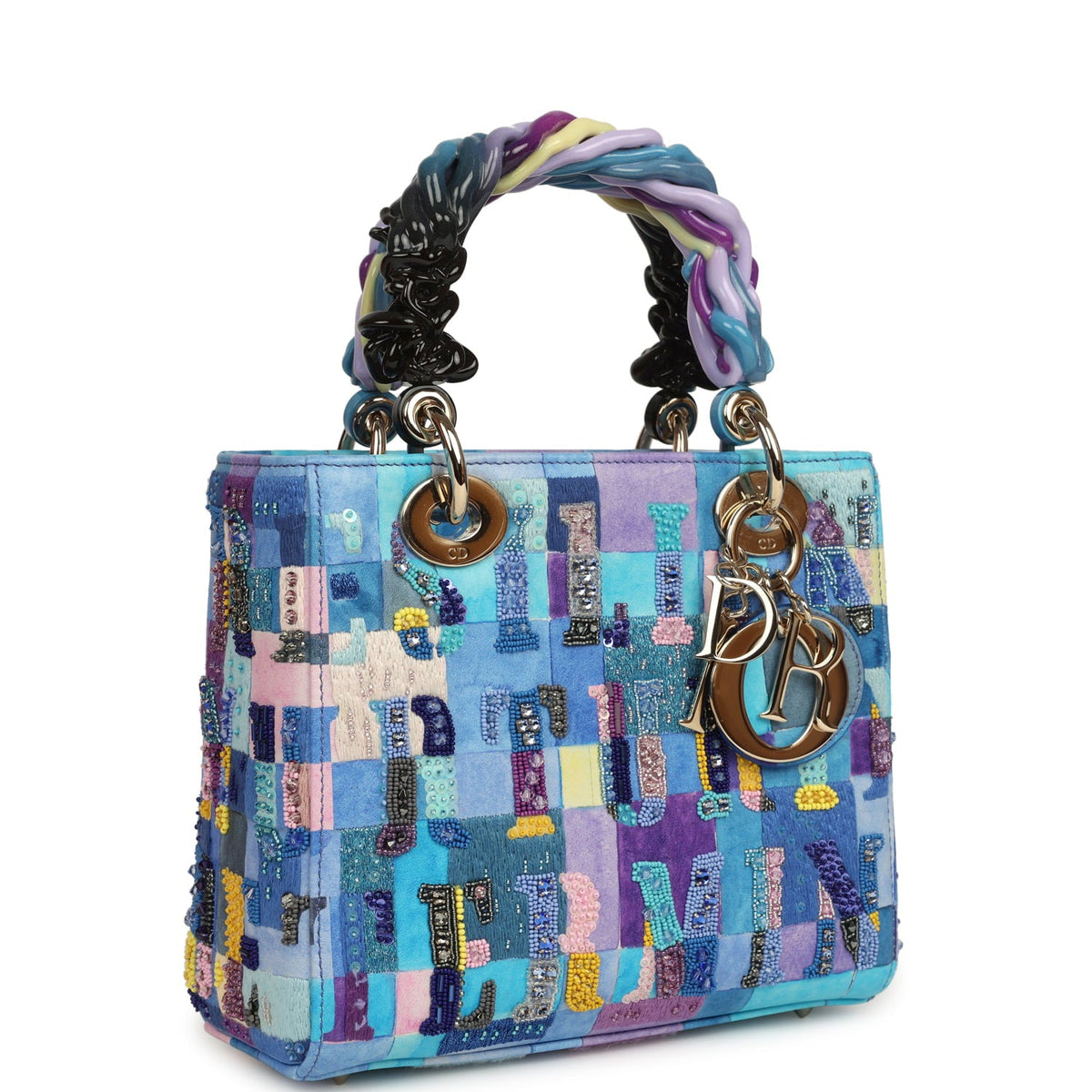 Christian Dior Small "Lady Art" Lady Dior Purple, Blue Multicolored Embroidered Lambskin Enamel Light Gold Hardware