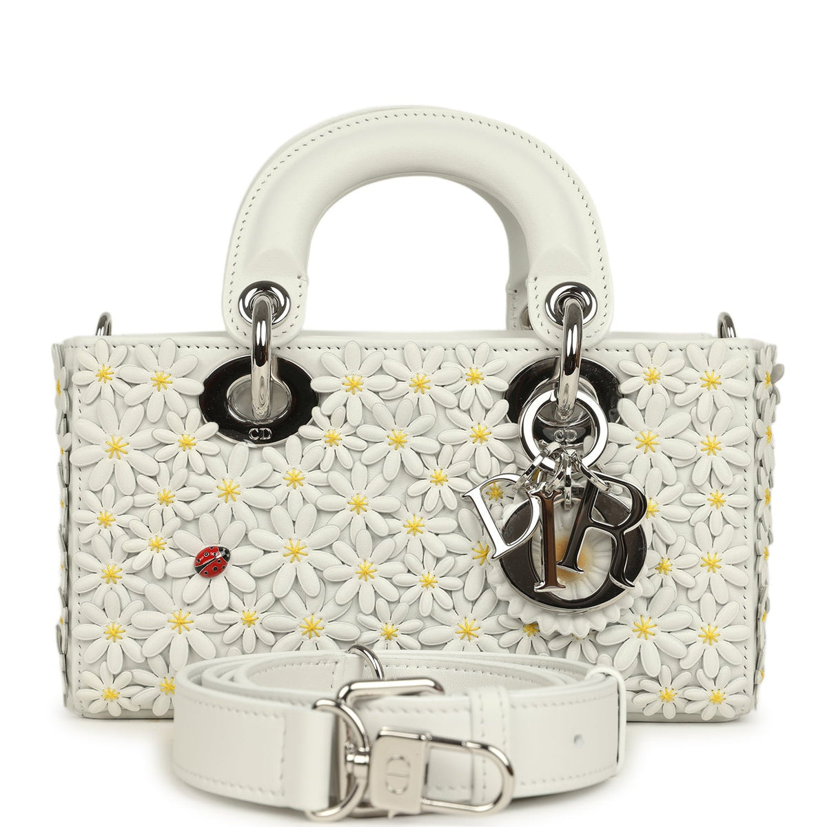Christian Dior Mini Lady D-Joy Bag "Daisy" White Embroidered Lambskin Silver Hardware