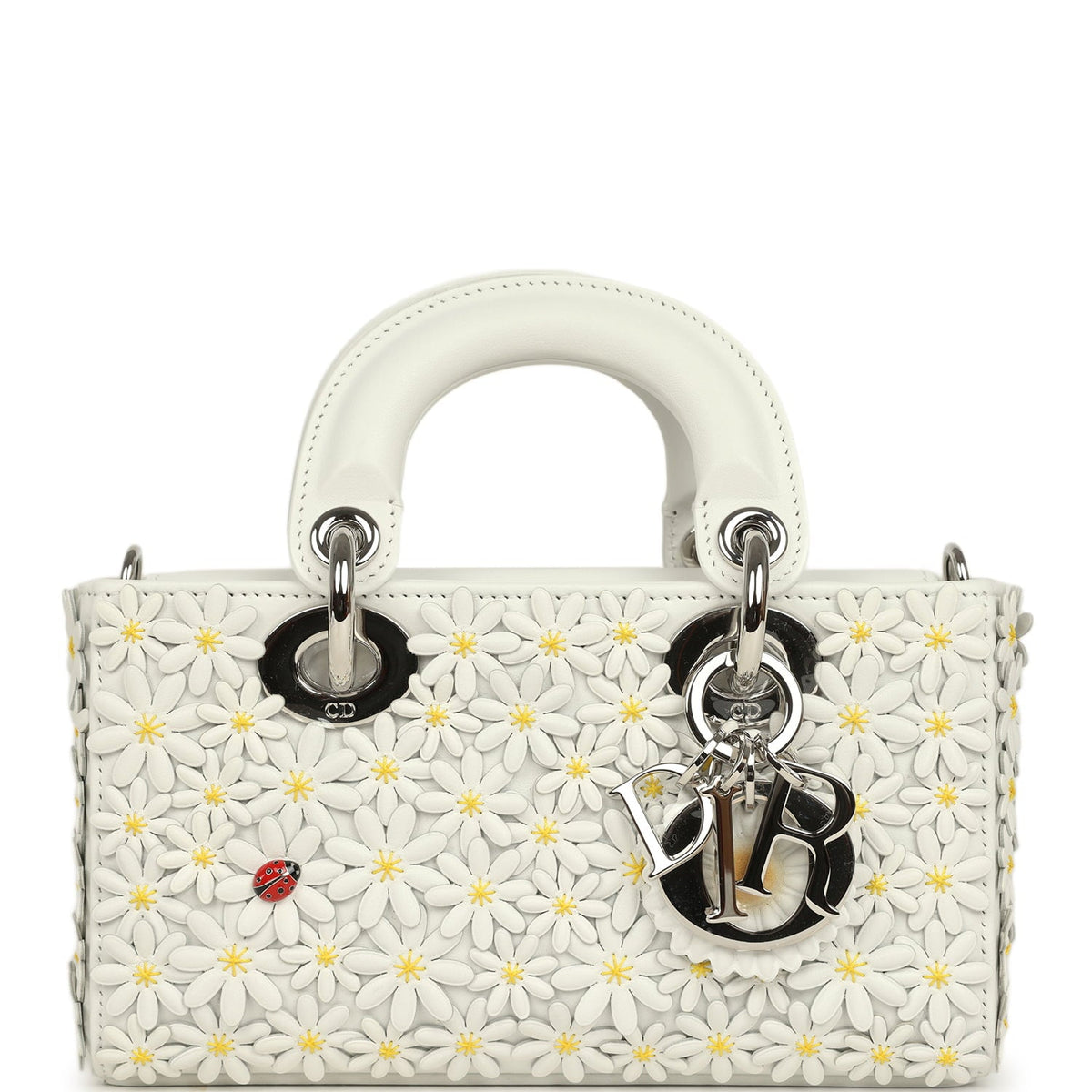 Christian Dior Mini Lady D-Joy Bag "Daisy" White Embroidered Lambskin Silver Hardware