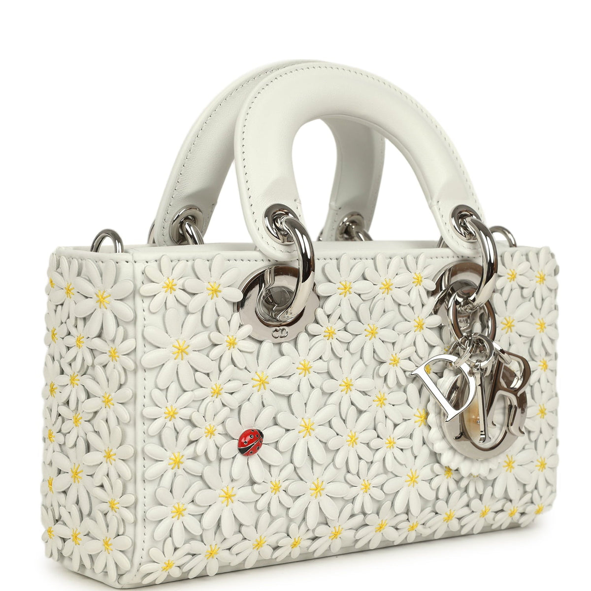 Christian Dior Mini Lady D-Joy Bag "Daisy" White Embroidered Lambskin Silver Hardware
