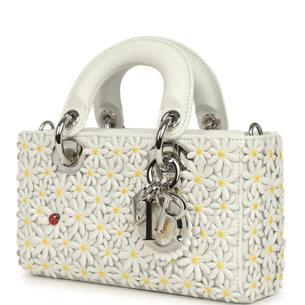 Christian Dior Mini Lady D-Joy Bag "Daisy" White Embroidered Lambskin Silver Hardware