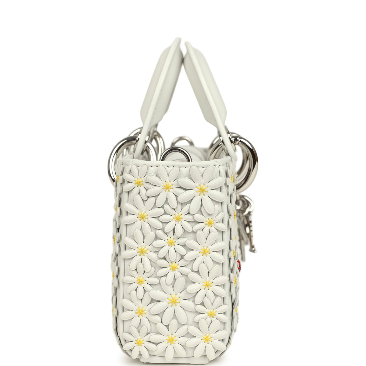 Christian Dior Mini Lady D-Joy Bag "Daisy" White Embroidered Lambskin Silver Hardware
